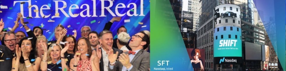 Two Nasdaq listings: The RealReal team celebrating on IPO day, and the Shift ticker SFT on the Nasdaq tower in Times Square